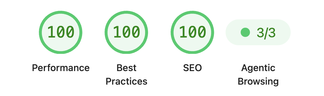 Lighthouse scores: Performance 100, Best Practices 100, SEO 100, Agentic Browsing 3/3